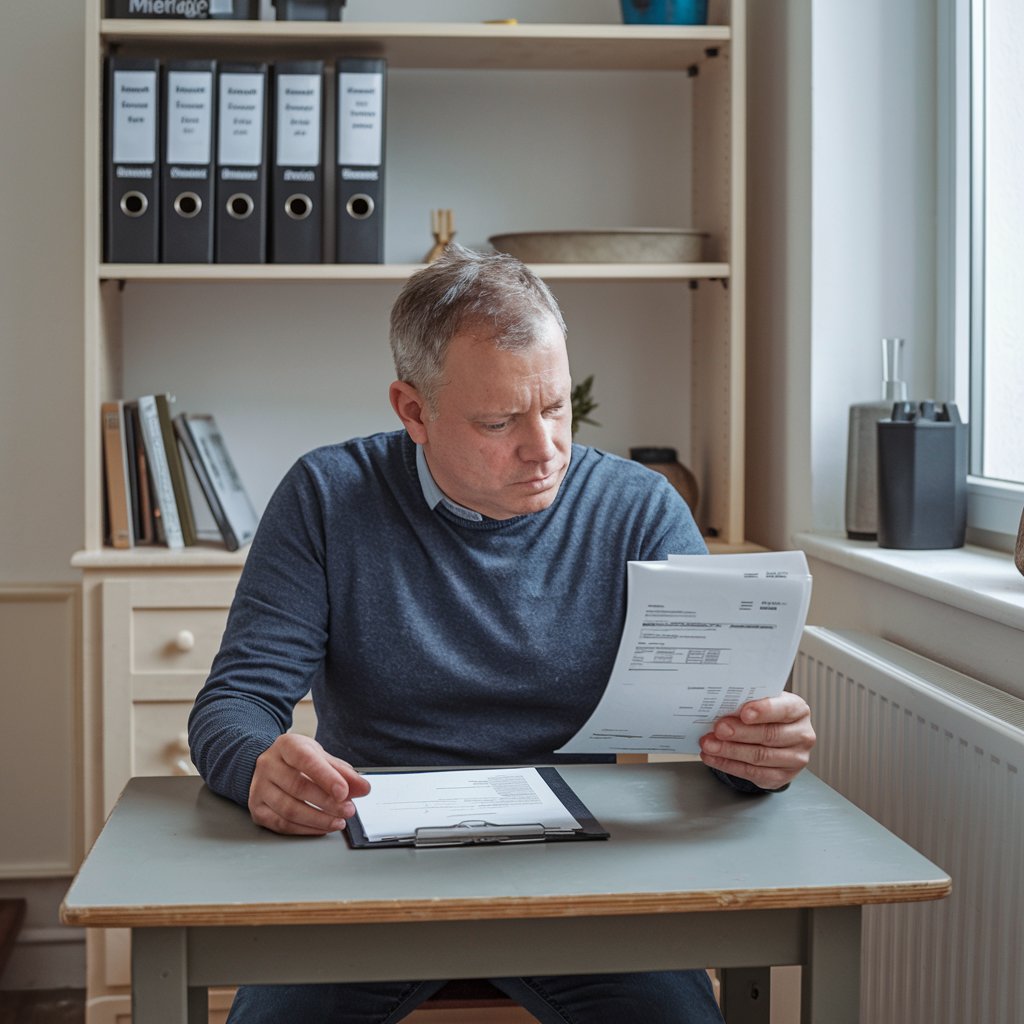 Mieter prüft Mietvertrag und Heizungsrechnung am Tisch in einer kleinen deutschen Wohnung.